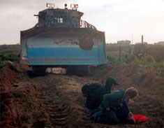 Other peace activists tend to Rachel after being injured by the Israeli bulldozer driver, Rafah, Occupied Gaza, 16 March 2003. (ISM Handout)